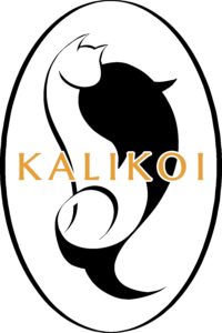 Kalikoi logo; a white cat and a black fish within an oval.
