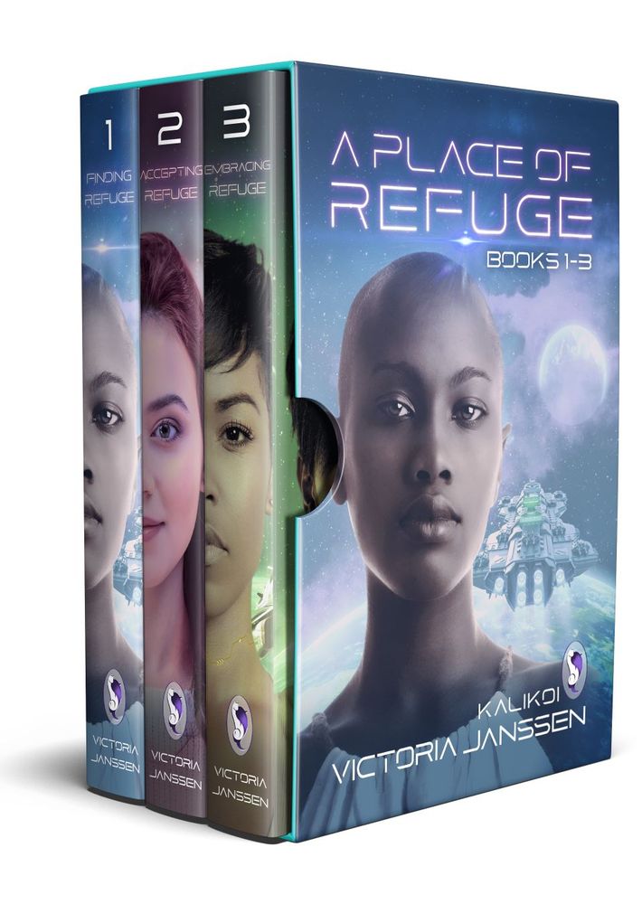 3 books in a boxed set; volume 1 features a beautiful Black woman with a shaved head, against a blue background featuring a spaceship and a planet.